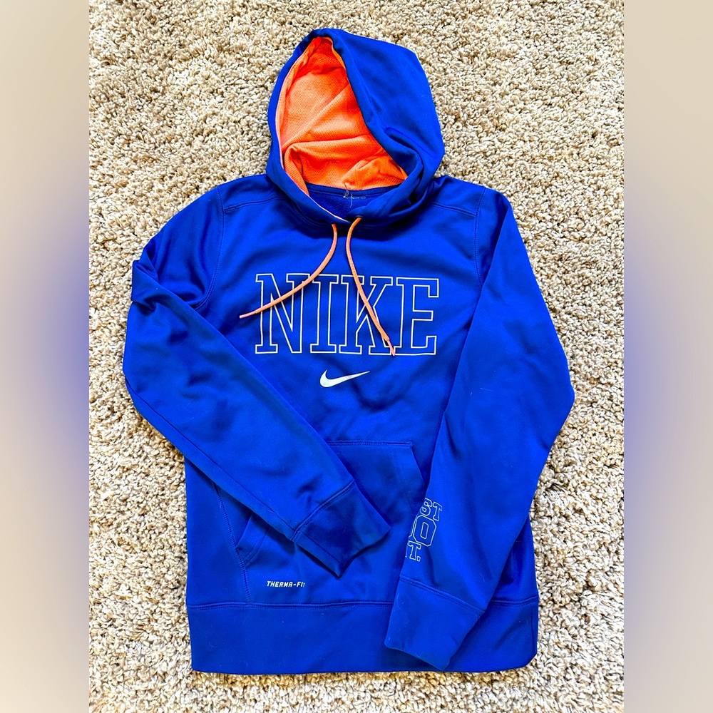 Boys Nike blue and orange hoodies size large.